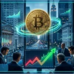 Logo Bitcoin en néon lumineux avec des flux de données, représentant le rebond des ETF Bitcoin et les positions de BlackRock.