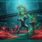 Logo Bitcoin lumineux entouré de flèches vertes et bleues pointant vers le haut illustrant les flux positifs des ETF Bitcoin