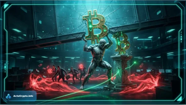 Logo Bitcoin lumineux entouré de flèches vertes et bleues pointant vers le haut illustrant les flux positifs des ETF Bitcoin