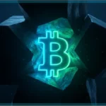 Logo Bitcoin lumineux émergeant de roches sombres illustrant la pression sur les ETF Bitcoin