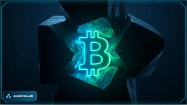 Logo Bitcoin lumineux émergeant de roches sombres illustrant la pression sur les ETF Bitcoin