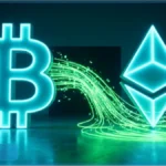 Logos lumineux de Bitcoin et Ethereum reliés par des flux de données verts illustrant les entrées nettes dans les ETF crypto