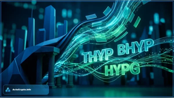 Illustration des ETF Hyperliquid avec les symboles THYP, BHYP et HYPG lumineux