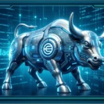 Un taureau robotique, symbole de Wall Street, avec un logo de cryptomonnaie, devant un écran de données financières du Nasdaq, illustrant le lancement d'un ETF Worldcoin.