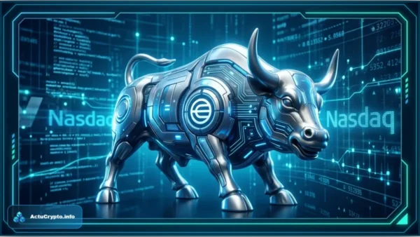 Un taureau robotique, symbole de Wall Street, avec un logo de cryptomonnaie, devant un écran de données financières du Nasdaq, illustrant le lancement d'un ETF Worldcoin.
