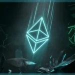 Logo Ethereum lumineux en chute libre dans un decor sombre et rocheux illustrant la baisse du cours