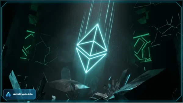 Logo Ethereum lumineux en chute libre dans un decor sombre et rocheux illustrant la baisse du cours
