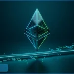 Logo 3D d'Ethereum au-dessus de graphiques de trading lumineux verts et bleus
