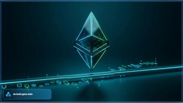 Logo 3D d'Ethereum au-dessus de graphiques de trading lumineux verts et bleus