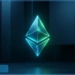 Logo Ethereum en 3D brillant dans un decor sombre illustrant la stabilisation du cours autour de 1800 dollars