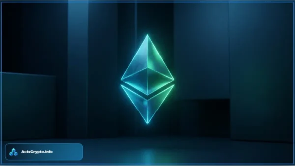 Logo Ethereum en 3D brillant dans un decor sombre illustrant la stabilisation du cours autour de 1800 dollars