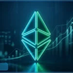 Logo Ethereum en néon avec graphiques financiers ascendants illustrant les 19 milliards de dollars d'actifs tokenisés