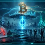 Logo Ethereum en néon bleu dominant les autres altcoins sur le marché crypto