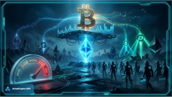 Logo Ethereum en néon bleu dominant les autres altcoins sur le marché crypto