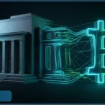 Batiment de la Reserve federale americaine connecte numeriquement au symbole du Bitcoin en neon vert illustrant l'impact de la FED sur la crypto