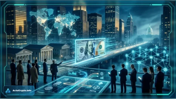Illustration futuriste de la Fintech Augustus annonçant une levée de 180 millions de dollars pour bâtir la Global Dollar Bank sur fond de réseau mondial.