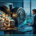 Illustration d'un coffre-fort bancaire traversé par des courbes de croissance lumineuses, symbolisant l'intégration des fonds crypto aux OPCVM par l'AMF.