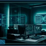 Salle de contrôle sombre avec des écrans lumineux affichant des données financières, illustrant une fraude crypto sophistiquée.