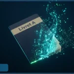 Carnet du Livret A se transformant en données numériques lumineuses représentant la fuite de l'épargne
