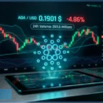 Hologramme du logo Cardano ADA sur un écran de trading avec graphique boursier et prix à 0,19 dollar