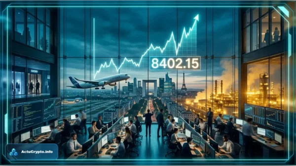 Graphique financier lumineux illustrant la hausse du CAC 40 au-dessus des 8 400 points