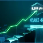 Graphique 3D lumineux en forme de flèche ascendante représentant la hausse de l'indice CAC 40 à 8 389 points