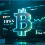 Symbole Bitcoin en 3D lumineux devant un graphique financier affichant le prix de 61 812 dollars