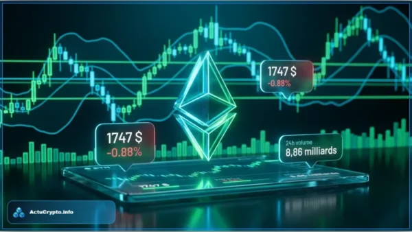 Graphique financier affichant le logo Ethereum en 3D avec un prix de 1747 dollars et des courbes de tendance vertes