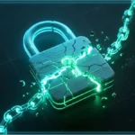 Un cadenas numérique lumineux brisé avec des chaînes rompues illustrant un hack crypto dans la DeFi.