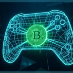 Manette de jeu vidéo holographique avec un Bitcoin au centre illustrant un hack crypto