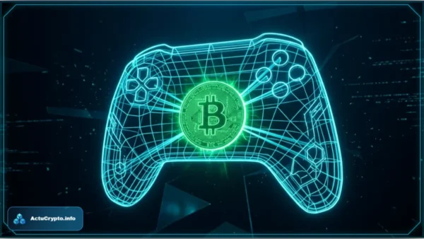 Manette de jeu vidéo holographique avec un Bitcoin au centre illustrant un hack crypto