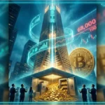 Symbole Bitcoin en néon avec une courbe de croissance verte illustrant le rebond de l'action MSTR de Strategy