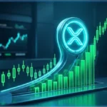 Logo XRP lumineux avec graphique boursier vert en hausse illustrant la montée du cours
