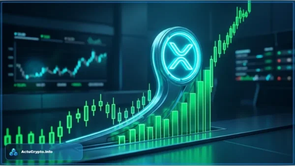 Logo XRP lumineux avec graphique boursier vert en hausse illustrant la montée du cours