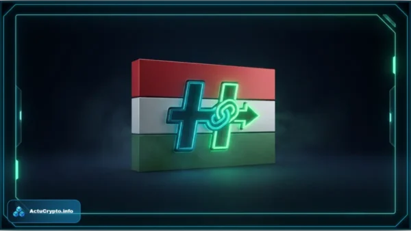 Drapeau de la Hongrie avec un symbole crypto en néon vert illustrant la nouvelle réglementation MiCA