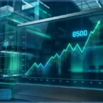 Graphique futuriste montrant la courbe du CAC 40 en forte hausse, avec une flèche pointant vers le niveau des 8500 points, illustrant le rebond de l'indice boursier parisien.