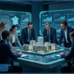 Maquette immobilière et écrans de données financières illustrant le marché immobilier en 2026.