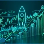 Fusee numerique lumineuse decollant parmi des graphiques financiers et des cryptomonnaies illustrant l IPO SpaceX