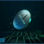 Illustration 3D du jeton XRP flottant sur un circuit lumineux vert, représentant la cryptomonnaie de Ripple