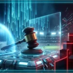 Marteau de justice brisant un graphique financier lumineux, symbolisant la suspension de Kalshi