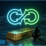 Symbole infini lumineux au-dessus d'un lingot d'or et d'une goutte de petrole, illustrant les contrats perpetuels de Kalshi