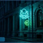 Enseigne lumineuse au neon du logo Kraken et du symbole Euro sur un batiment de style bancaire