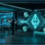 Illustration futuriste du logo Ethereum entouré de boucliers de sécurité et de puces quantiques, représentant le projet Lean Ethereum.