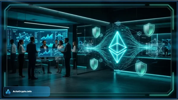 Illustration futuriste du logo Ethereum entouré de boucliers de sécurité et de puces quantiques, représentant le projet Lean Ethereum.