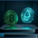 Pièces lumineuses de Bitcoin et Ethereum représentant la tendance actuelle du marché crypto
