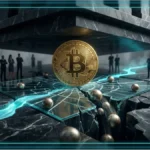 Une sphère dorée Bitcoin sous la pression d'un bloc de pierre lourd sur un sol de verre fissuré, illustrant la tension du marché crypto face aux décisions de la Fed.