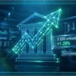 Symbole Bitcoin lumineux devant un écran affichant la capitalisation du marché crypto à 2,2 billions de dollars