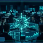 Des investisseurs analysent les graphiques du marché crypto dans une salle de marché futuriste