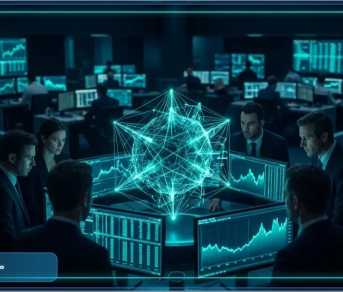 Des investisseurs analysent les graphiques du marché crypto dans une salle de marché futuriste