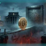 Piece de monnaie virtuelle lumineuse representant le marche crypto en consolidation autour des 64 000 dollars.